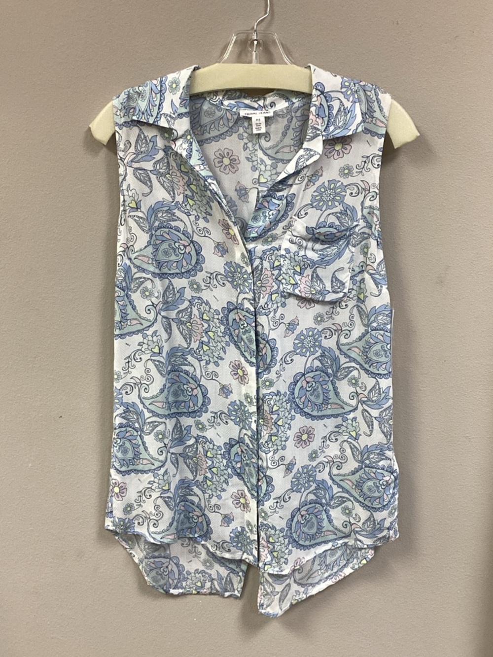 Tribal White and Blue Paisley Sleeveless Button-Front Blouse